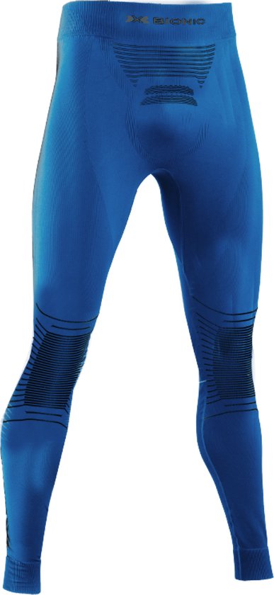 Pantalon de sport bleu roi avec rayures noires sur les genoux et logo X-Bionic.