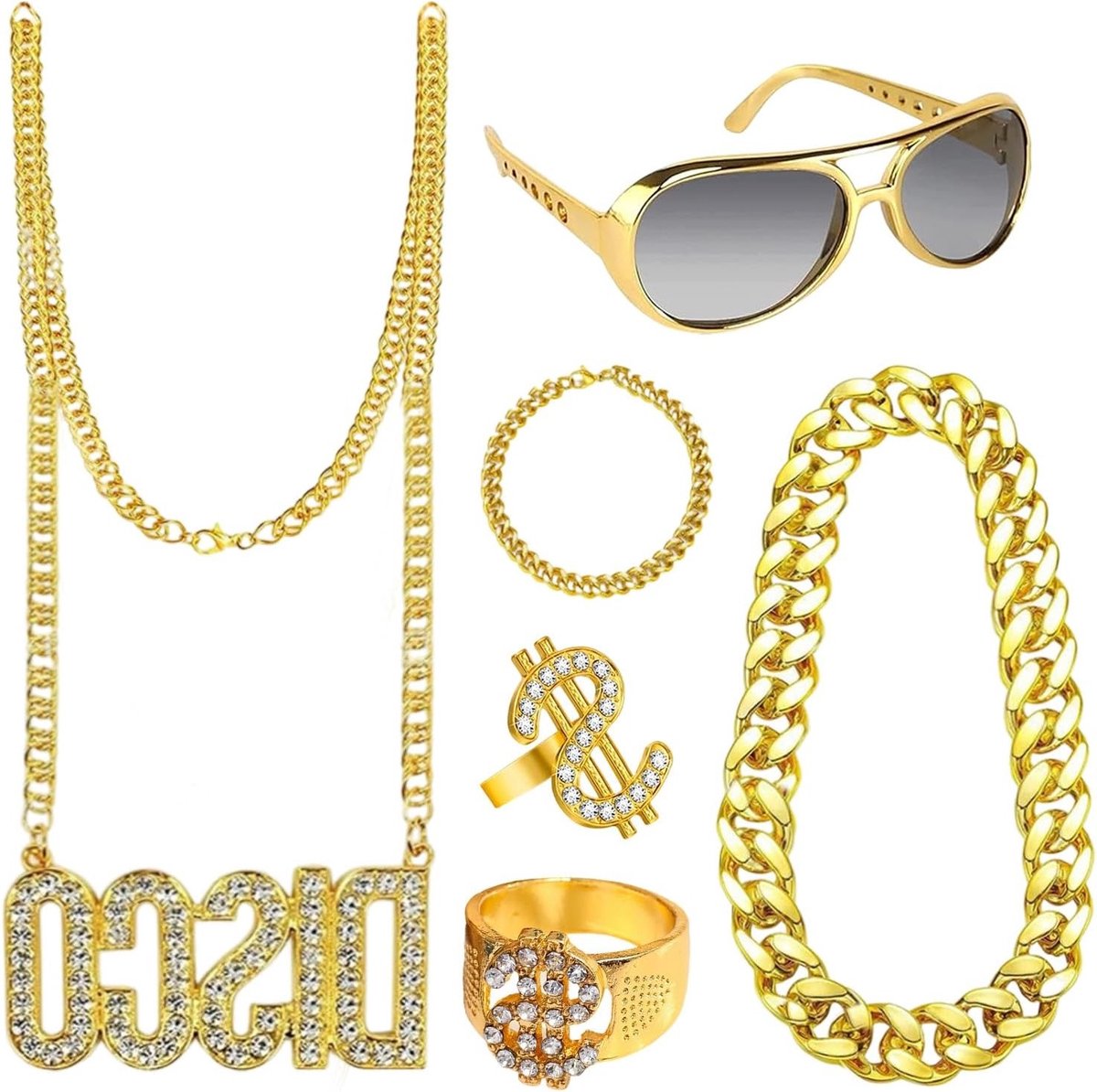 Gouden Ketting Set met 6 Stukken - Hip Hop Kostuumaccessoires, Retro Zonnebril en Dollar Sign Ring voor 70s, 80s en 90s Outfit