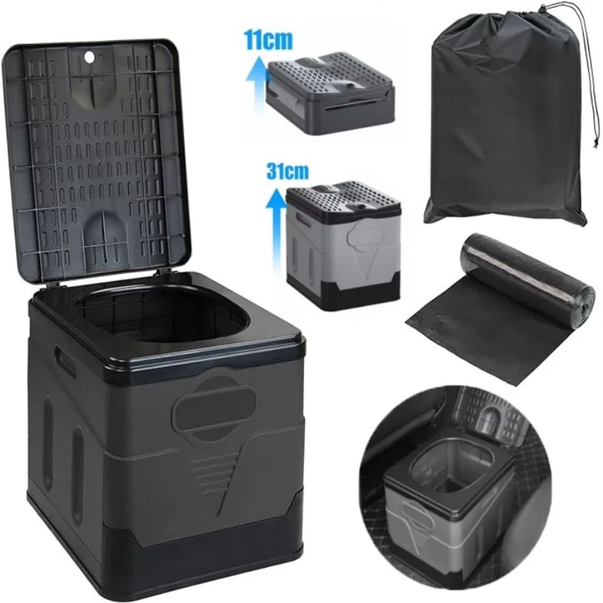 Solvix Camping Toilet – Draagbaar Toilet – Toiletemmer met Deksel – Opvouwbare Toiletemmer voor Camping, Auto, Reizen en Outdoor Gebruik