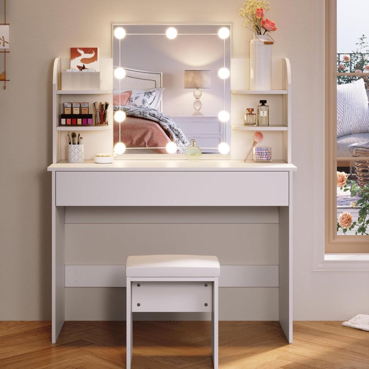Make-uptafel met kruk - Kaptafel met spiegel - Snel opmaken - Verstelbare LED-verlichting - 108 cm breed - Wit