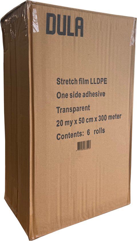 Een kartonnen doos met het merk DULA. Op de doos staat 'Stretch film LLDPE One side adhesive Transparent 20 my x 50 cm x 300 meter Contents: 6 rolls'.