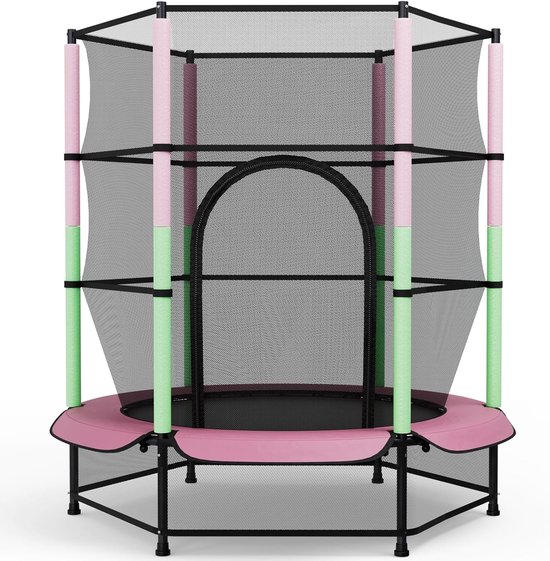 Kinder trampoline - Binnen en buiten - Spelen en trainen - Veiligheidsnet inclusief - Diameter 140 cm - Roze en groen