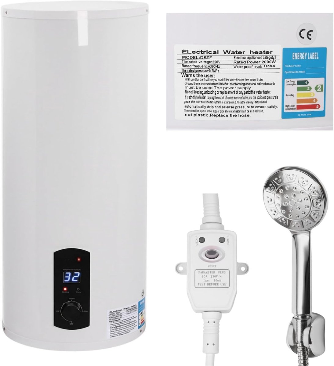 Elektrische Boiler - Warmwater Boiler - Praktische Douche - Lekbescherming - 60 liter - Wit