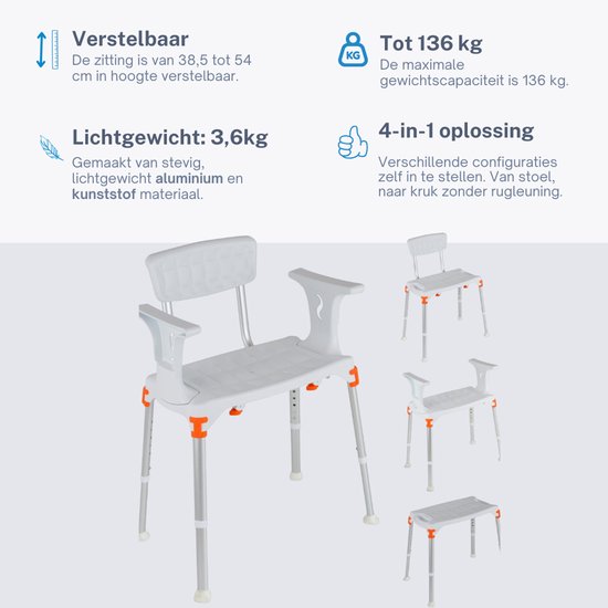 Verstelbare douchestoel met armleuningen en rugleuning. Zitting is 38,5-54cm hoog, 3,6kg, 136kg draaggewicht.