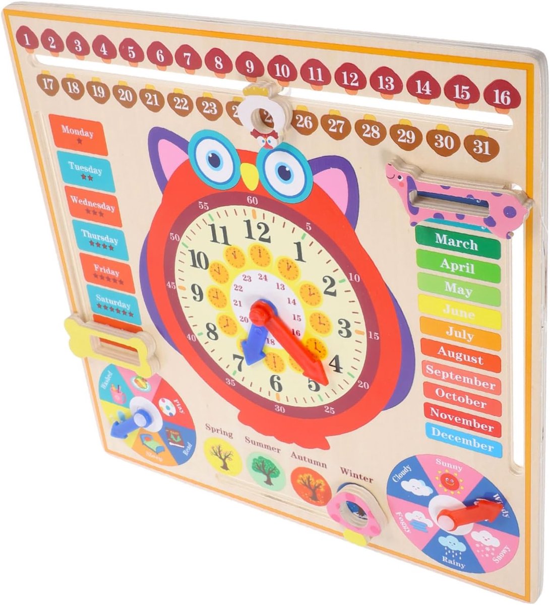 Houten Uilenklok - Educatief Speelgoed - Tijd Leren - Seizoen Cognitie - 29.8 x 29.8 cm