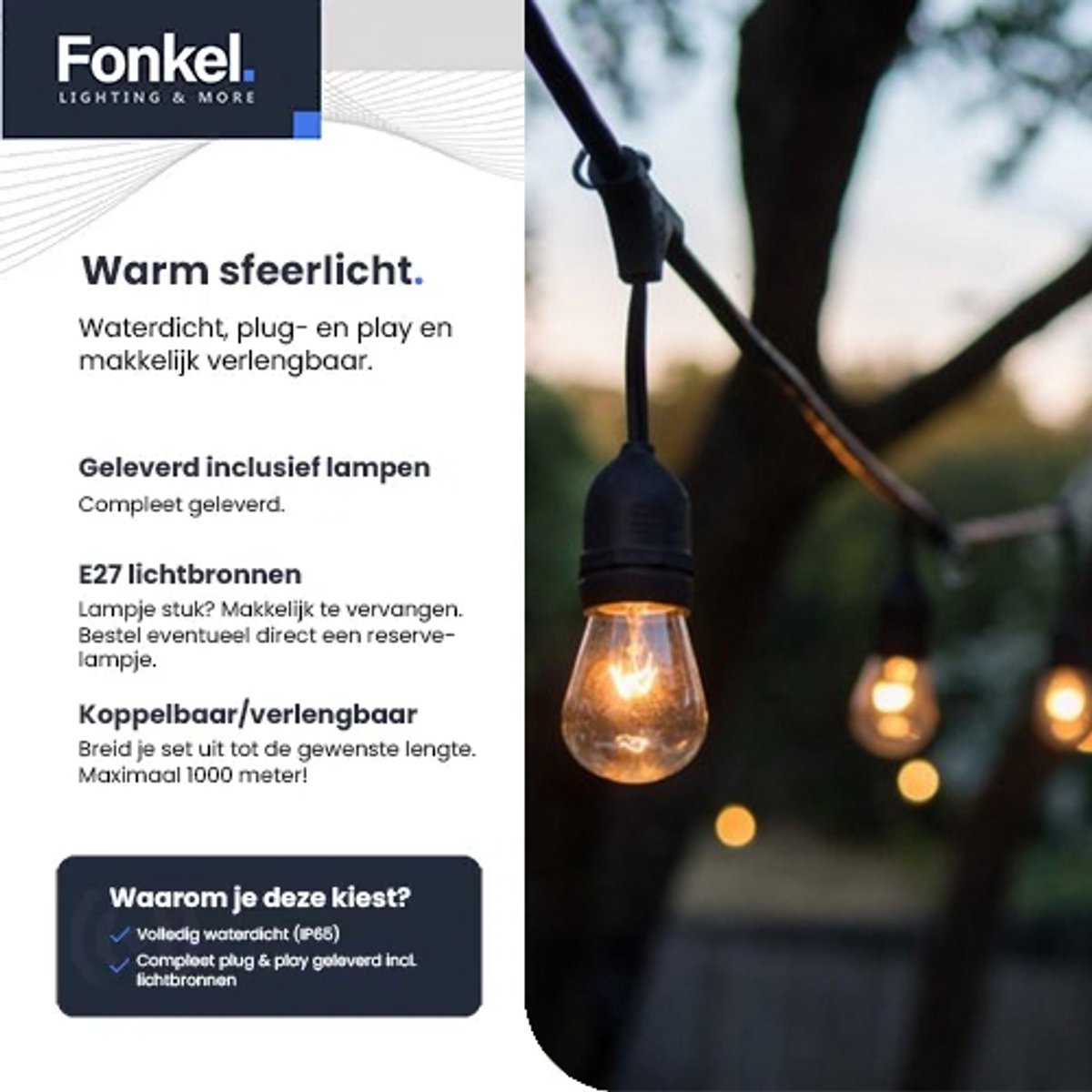 30m Arena LED Prikkabel - IP65 Lichtsnoer Buiten - koppelbaar - Lampjes Slinger - inclusief 30x E27 lampen - Eco - Incl. Stekker