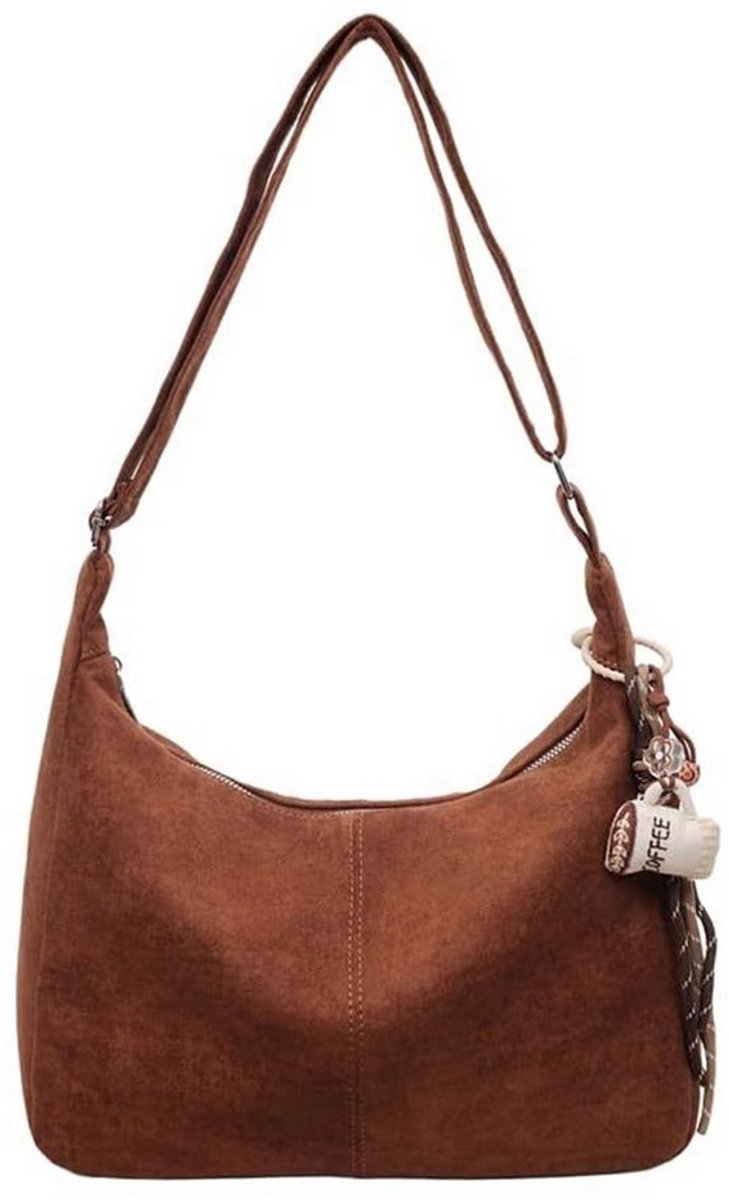 Dames suède tas - zacht vintage crossbody met hangertje - handtas met verstelbare band - veelzijdige shopper - Bruin