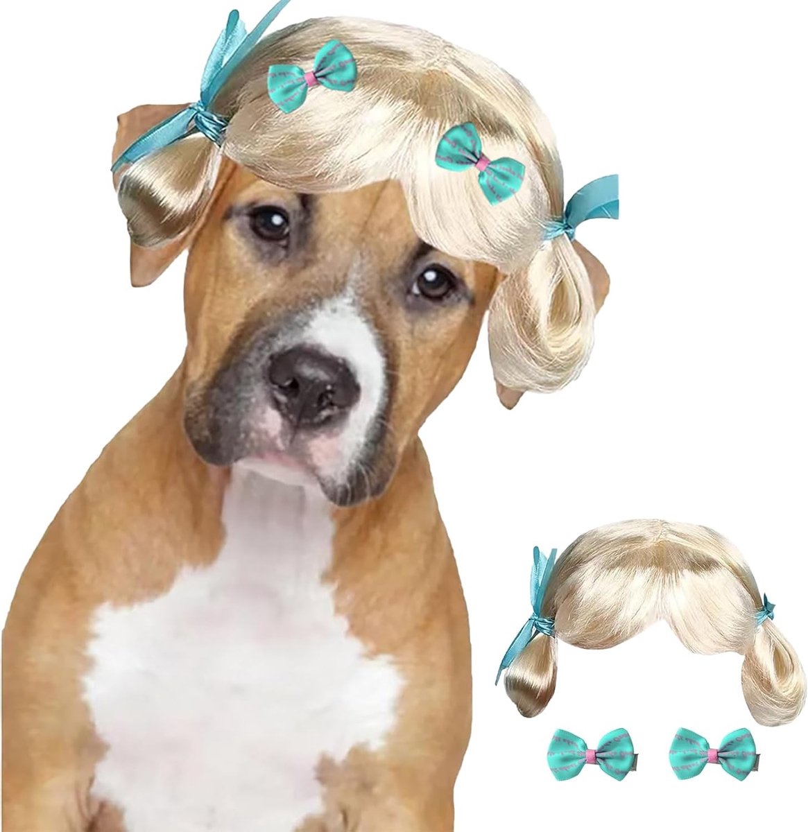 2-delige hondenpruik set, verstelbare lichtgouden bobpruik met haarclip, grappige feestaccessoire voor huisdieren, katten en honden kostuum, cosplay en feestkleding