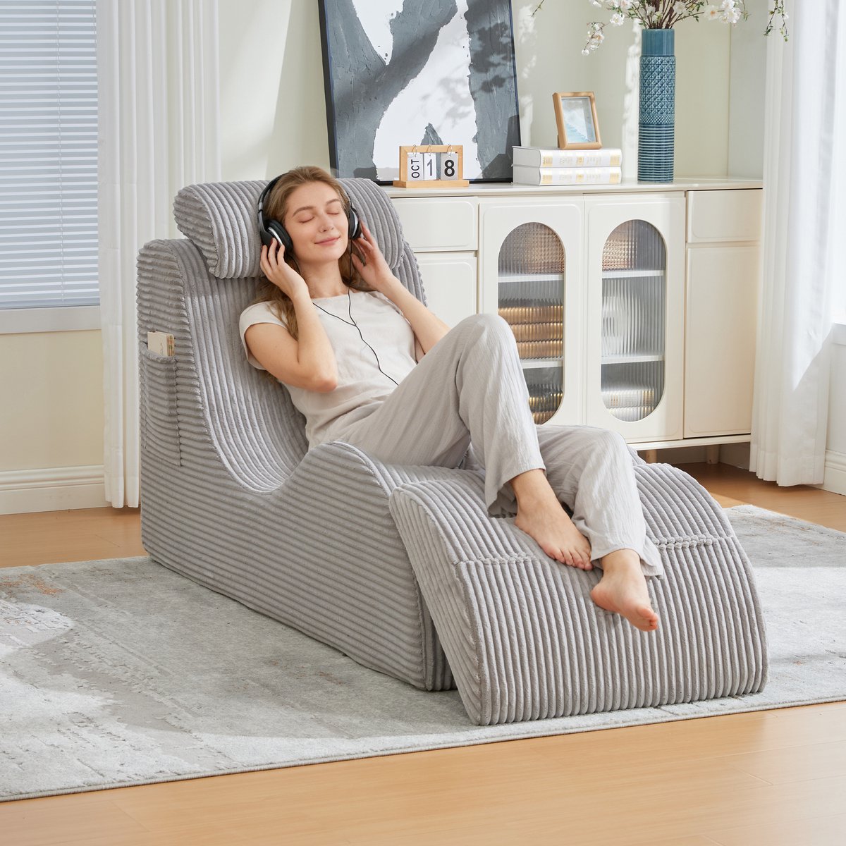 MODENUIT Fauteuil 160 x 66 x 90 cm - Ergonomisch Met Los Zitkussen En Zijvak - Voor Woonkamer - Ribstof Lichtgrijs