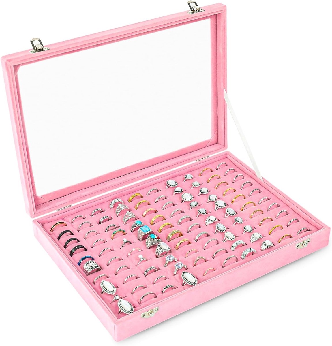 Ring Organiser Tray met 100 Slots, Velvet Ring Storage Box voor Sieraden, Ring Display Case voor Winkels en Beurzen, Roze Ringhouder met Dekkende Deksel