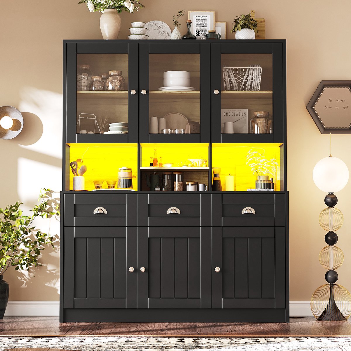 BLACKCOLORS Keukenkast (140×40×175 cm), hoge kast, keukendressoir, vitrinekast, dressoir met verstelbare planken, dressoir met ledverlichting, variabele lichtkleuren, wit/zwart