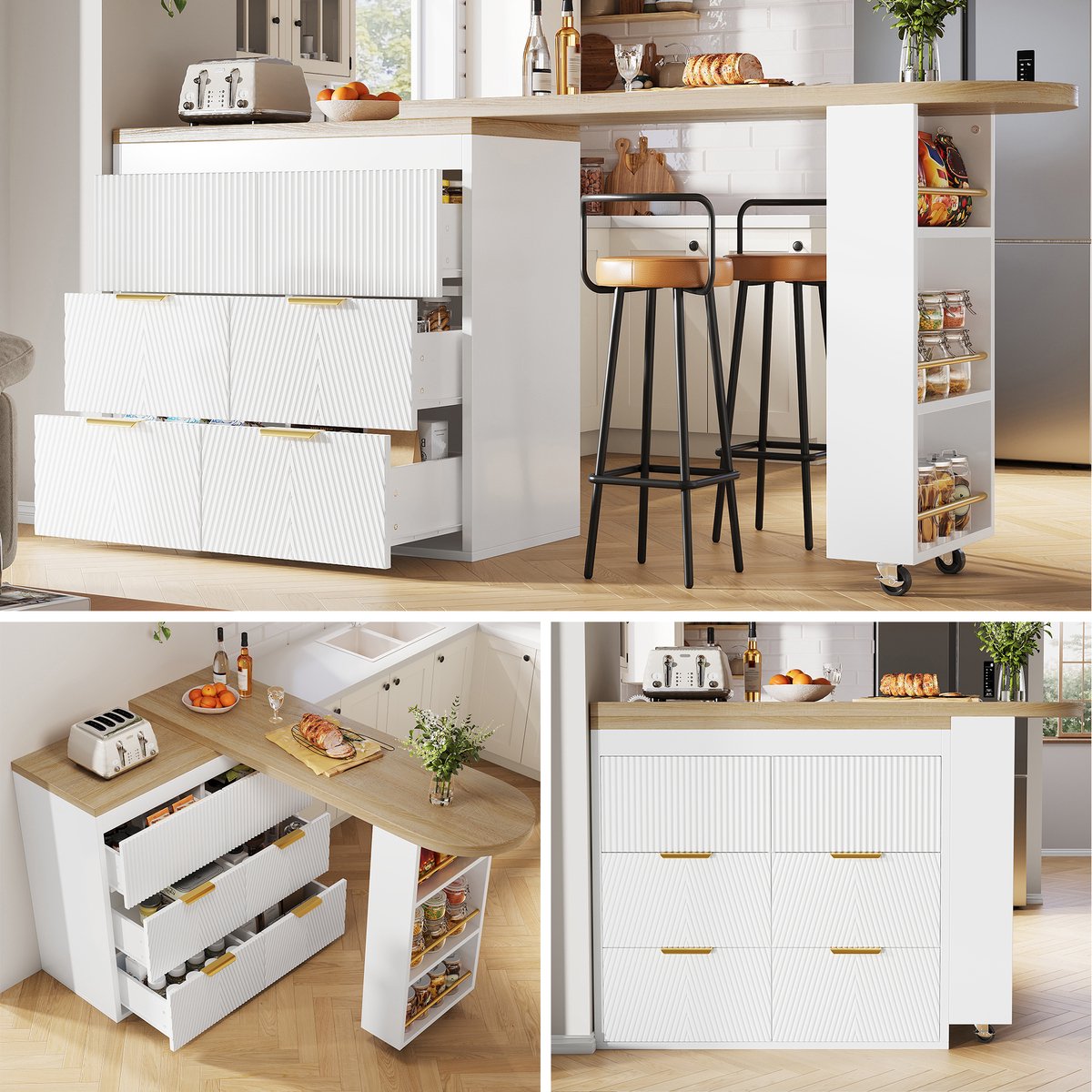 Clruro Bartafel - Met 6 Laden - 360° Draaibaar Multifunctioneel Met Kantelbeveiliging - Hout - Naturel Wit