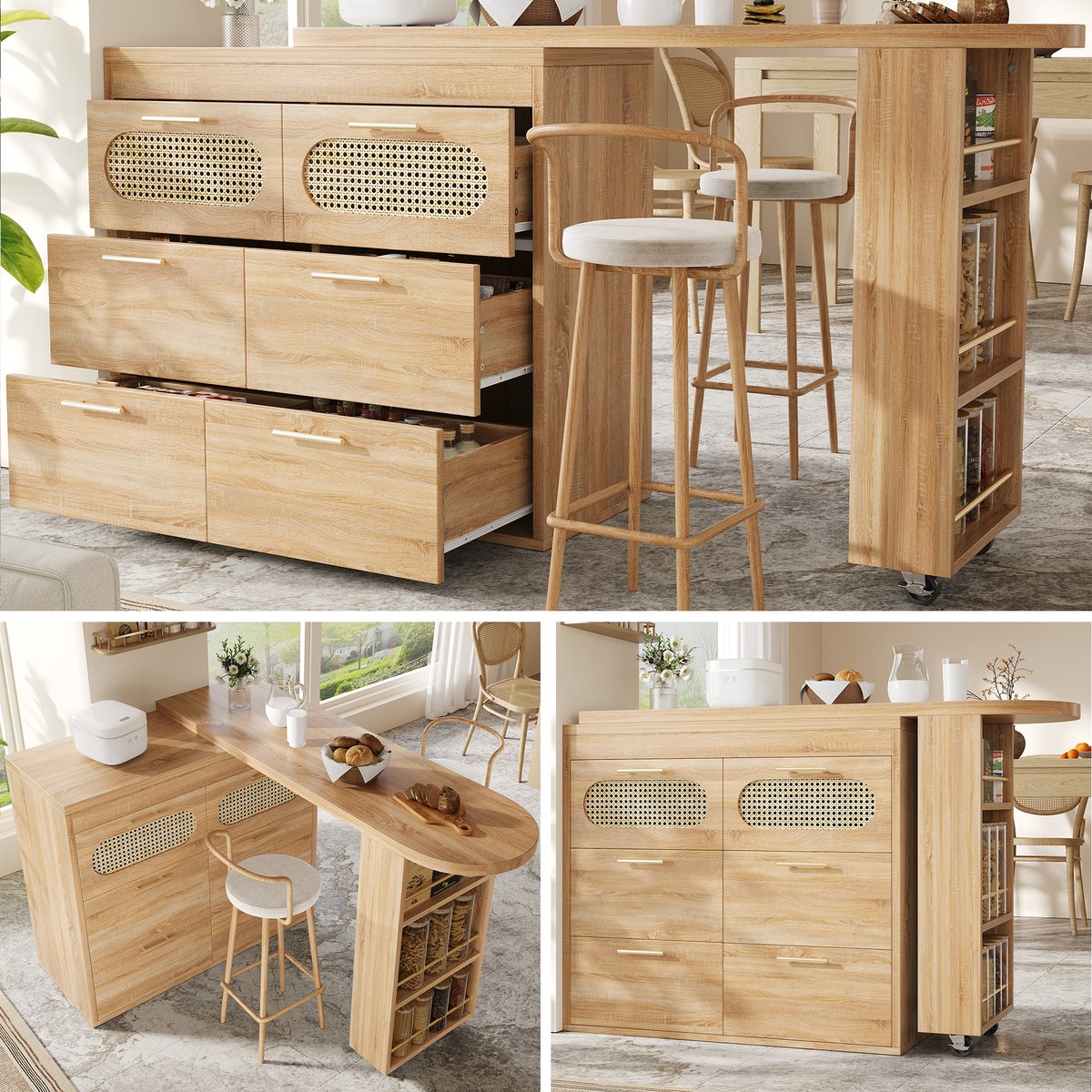 Clruro Bartafel - Met 6 Laden - 360° Draaibaar Met Kantelbeveiliging En Opbergruimte - Hout - Naturel