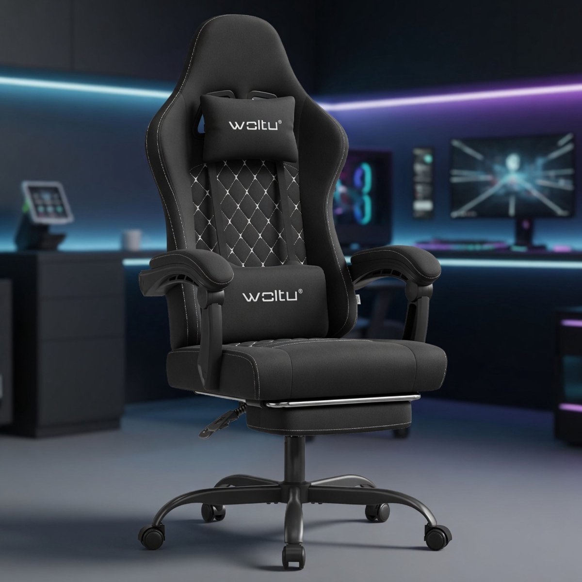 Ergonomische Gamingstoel met Massagefunctie, Lendensteun & Voetensteun – Draaibare Bureaustoel met Pocketvering, Ademend Tech-Stof, 150 kg Belastbaar, Verstelbaar (Zwart/Wit)Mobili Bella