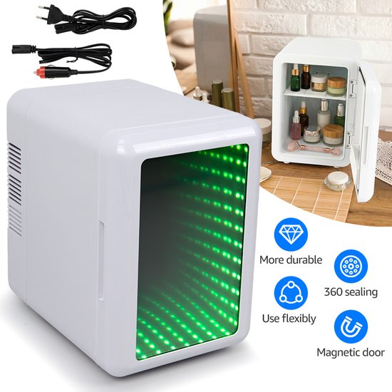 Mini-koelkast 4L koelen & verwarmen, cosmetische frigo, stille 25dB, LED-spiegel 7 kleuren, 12V/220V voor auto en thuis