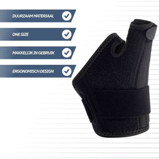 Zwarte duimbrace met klittenbandsluiting en lijst van voordelen: duurzaam, one size, makkelijk in gebruik, ergonomisch.