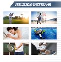 Collage met zes afbeeldingen van activiteiten: golfen, basketbal, slapen, padel, tennis en werken op laptop.