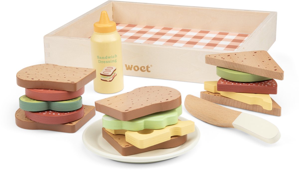 Woet® Houten Sandwich Set - "Maak Je Eigen Broodjes" Speelset met 16+ Accessoires - Rollenspel Speelgoedeten - Educatief Keuken Speelgoed - Vanaf 2 jaar — afbeelding 4