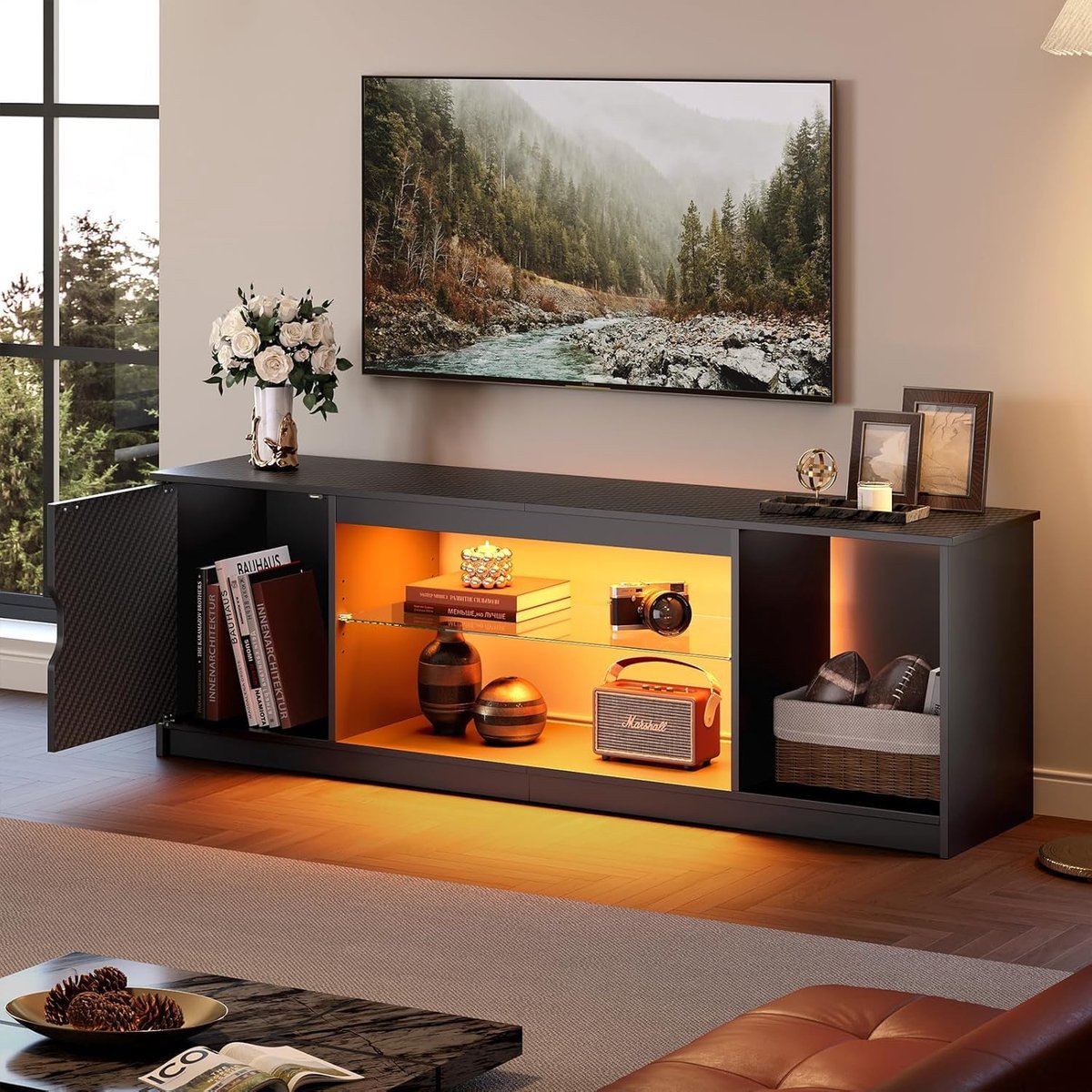 Modern Luxe TV-Meubel 145 cm met RGB LED Verlichting & Glazen Planken – Geschikt voor 65 Inch TV – Zwart Carbon Look