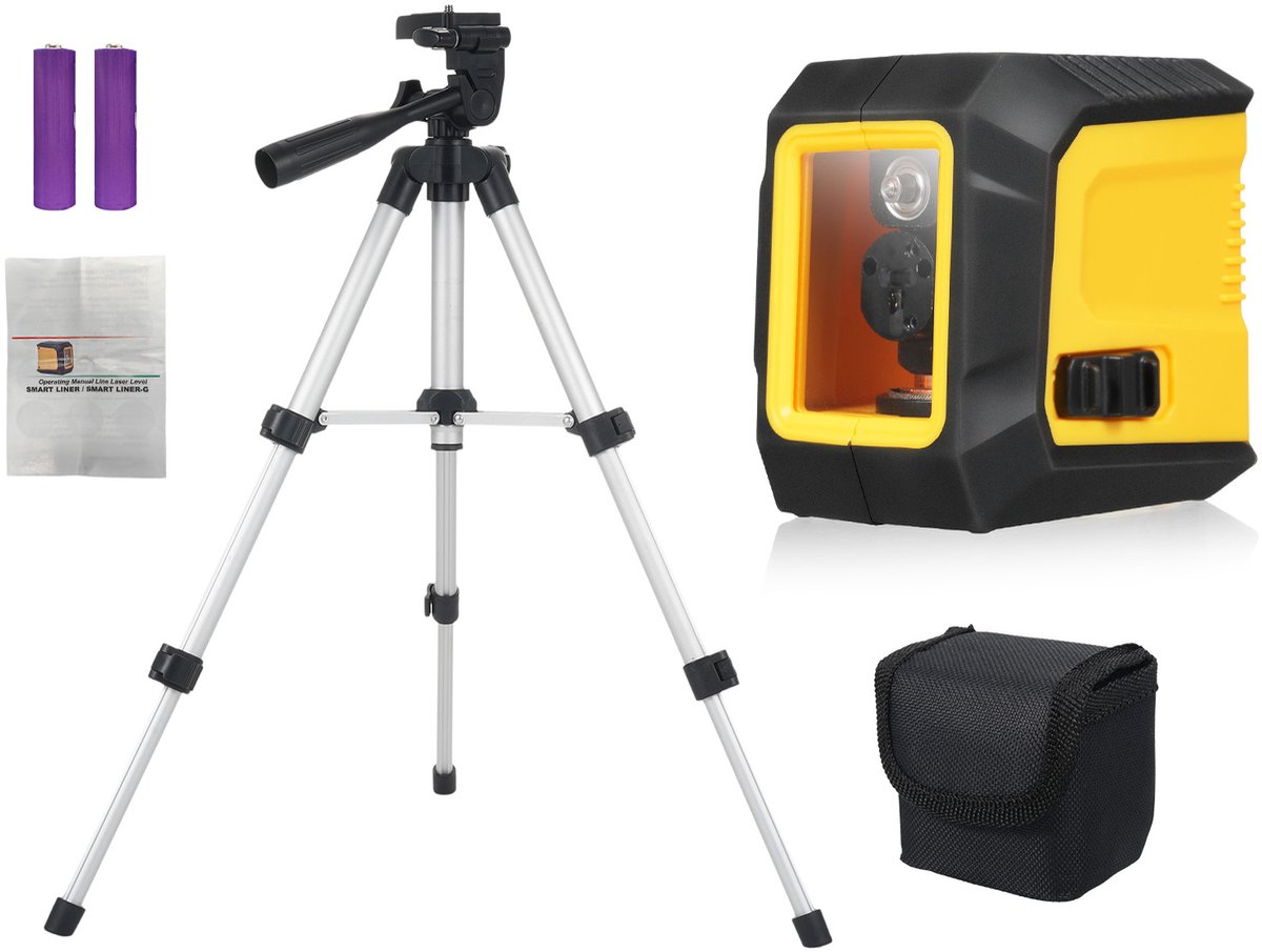 Laserwaterpas Kruislijnlaser Groen – ±4° Zelfnivellerend – 2 Helderheidsstanden – Met 60cm Statief en Opbergtas – Voor Bouw en DIY