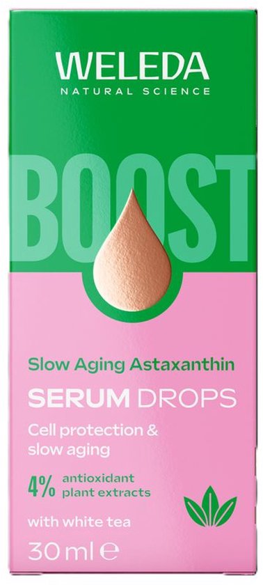 Doosje met Weleda Slow Aging Astaxanthin Serum Drops. Roze en groen design met de tekst "BOOST".