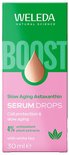 Doosje met Weleda Slow Aging Astaxanthin Serum Drops. Roze en groen design met de tekst "BOOST".
