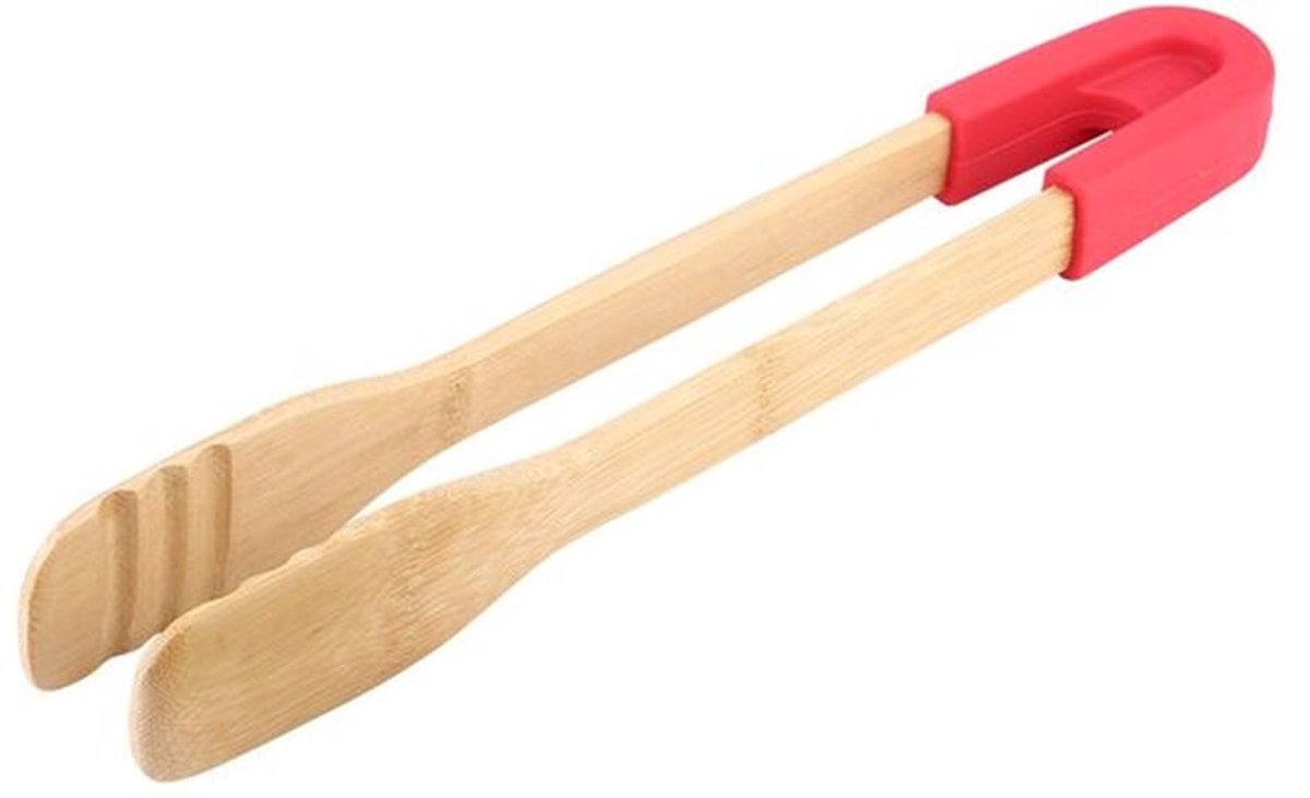 Keukenvoedsel Tang, Houten BBQ Clip Buffet Voedseltang Brood Steak Keukenklem Serveertang voor Koken, Serveren, Barbecue, Salade, Buffet, Oven(rood)