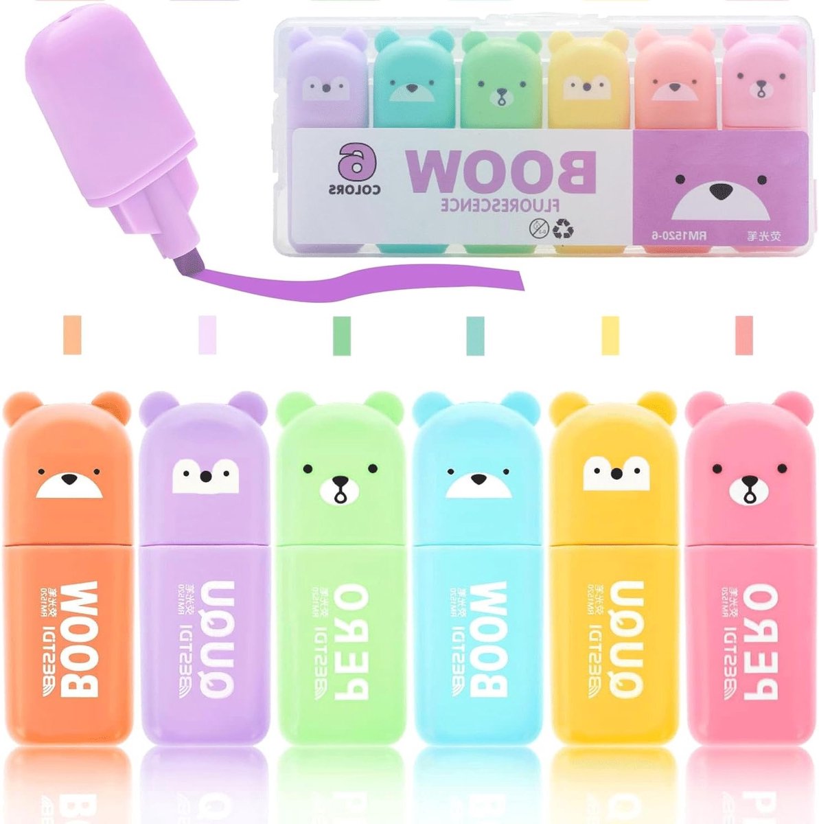 Set van 6 Kleurige Hooglighters in Berenvorm voor Fijne en Dikke Lijnen - Perfect voor School, Feestjes en Dagelijks Gebruik