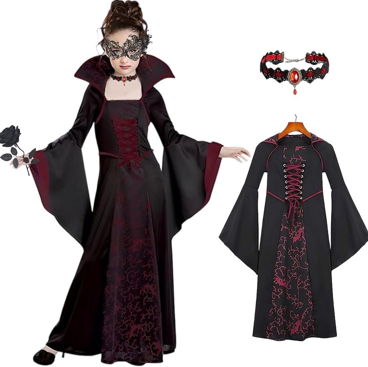 Vampier Kostuum voor Meisjes met Rozenmasker, Geschikt voor Halloween, Carnaval en Cosplay, 130 cm