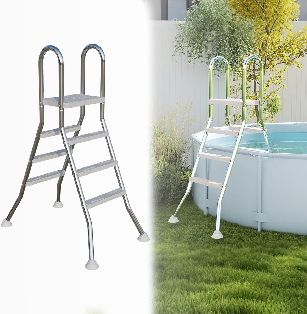 304 ROESTVRIJ Staal Zwembadladder - Zwembadtrap met 3 Treden - Zilver - Antislip Beveiliging - Instapladder voor zwembad - Hoogte tot 110 cm - Maximaal Draagvermogen 150 kg - NAIZY