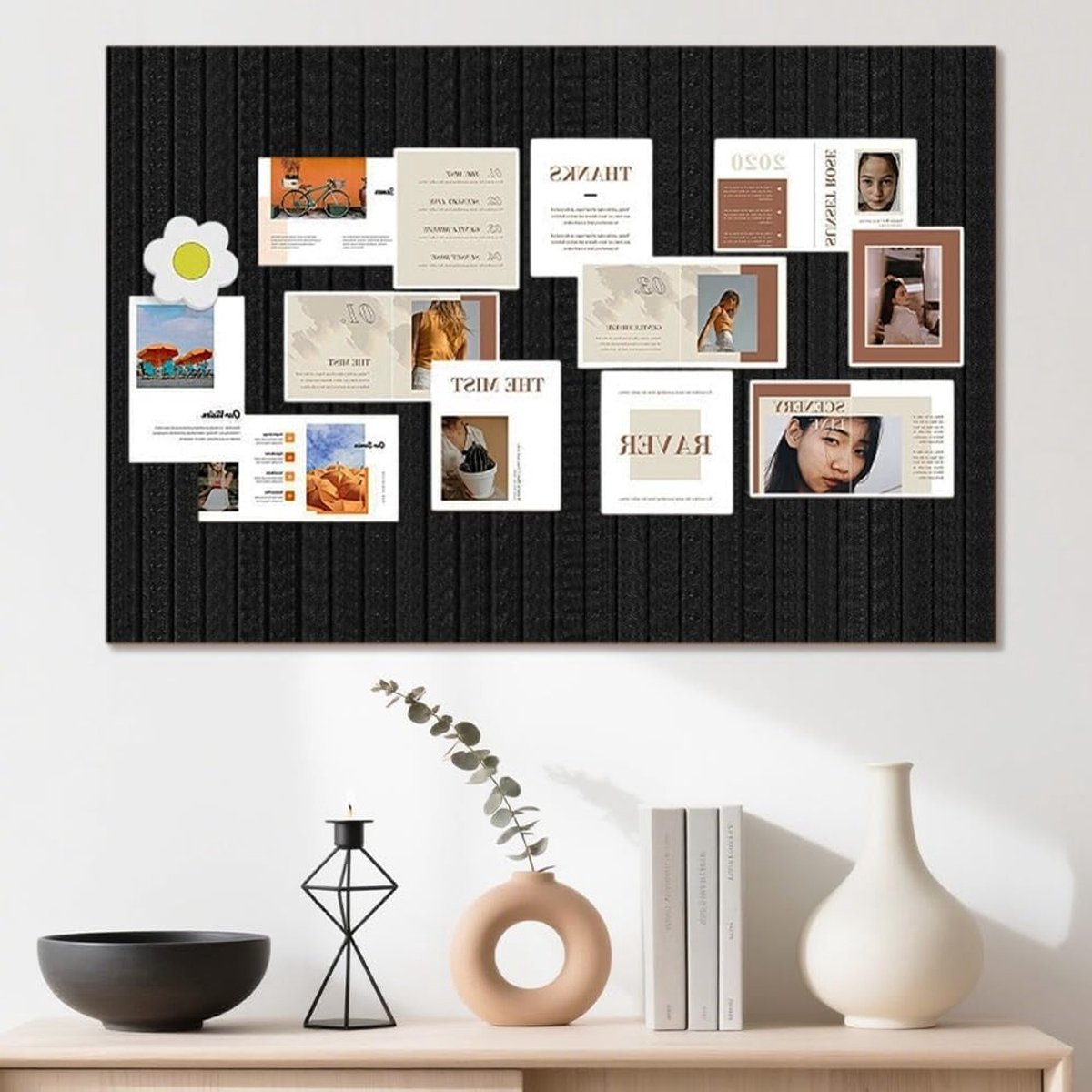 Decoratieve Korken Prikbord 60x40cm, Vouwbaar Zelfklevend Foto Bord, Felt Vision Board met Speldjes voor Thuis en Kantoor Wanddecoratie, Zwart, Ideaal voor Organisatie en Creatieve Projecten