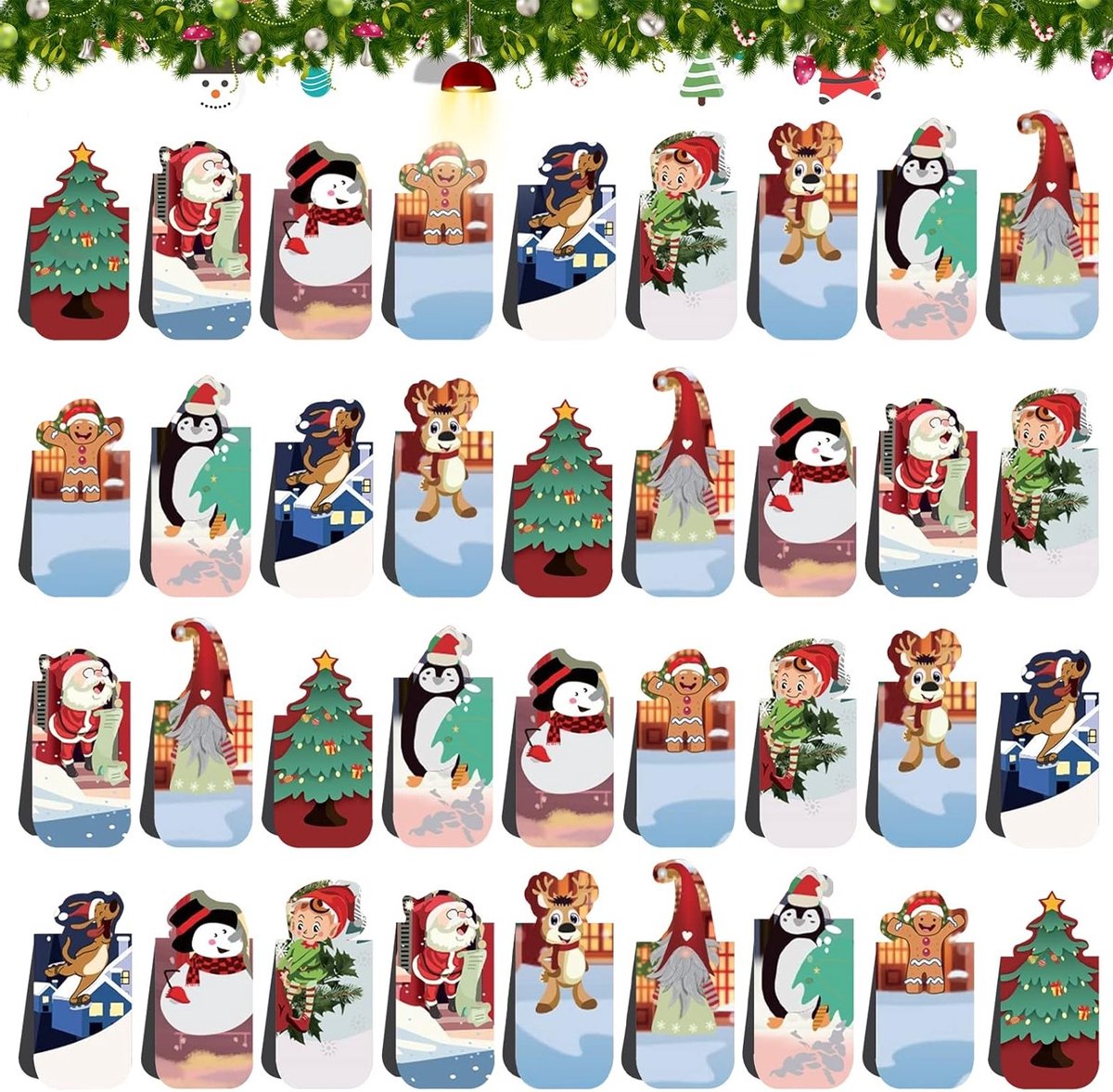 Kleurrijke Magnetische Boekenleggers voor Kerstmis, 36 Stuks, Schattige Ontwerpen, Cadeau-ideeën voor Kinderen, Sneeuwman en Rendier