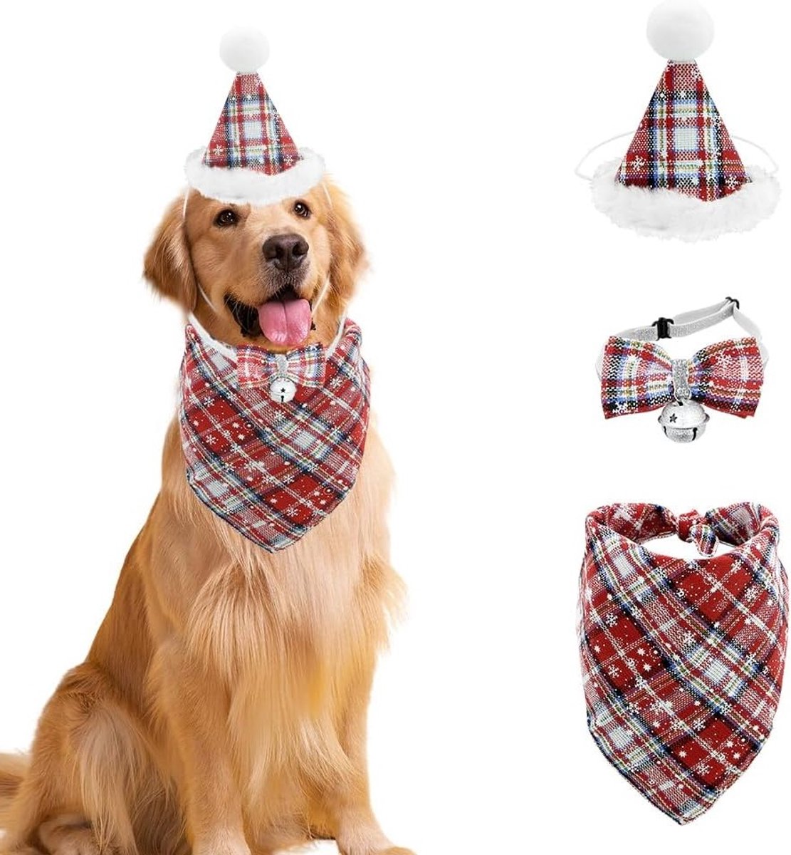 Kerstkostuum voor Huisdieren met Klassieke Ruit Bandana, Driekhoekige Hoed en Verstelbare Strik voor Honden en Katten Feestoutfit en Cosplay Accessoires