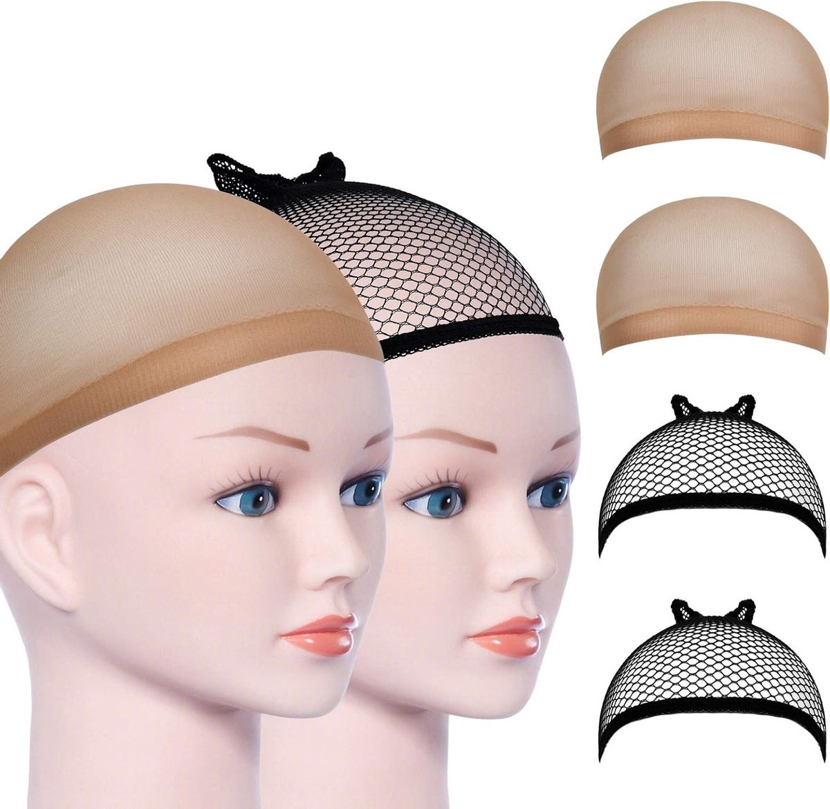 Wig Caps van Nylon voor Haar, Stretch Mesh in Zwart en Neutraal Beige - 4 Stuks voor Comfortabele Draagbaarheid en Perfecte Pasvorm