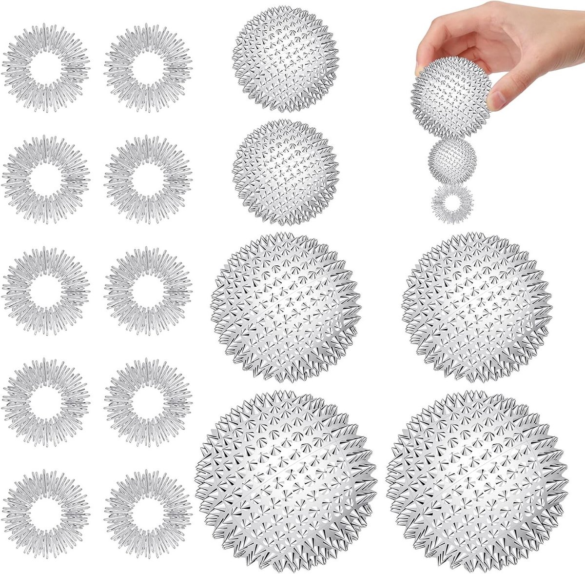 6 Stuks Magnetische Acupressuurballen met 10 Massage Ringen voor Stressverlichting en Ontspanning, Ideaal voor Handen en Voeten, Massageballen Set van 32mm/47mm/56mm