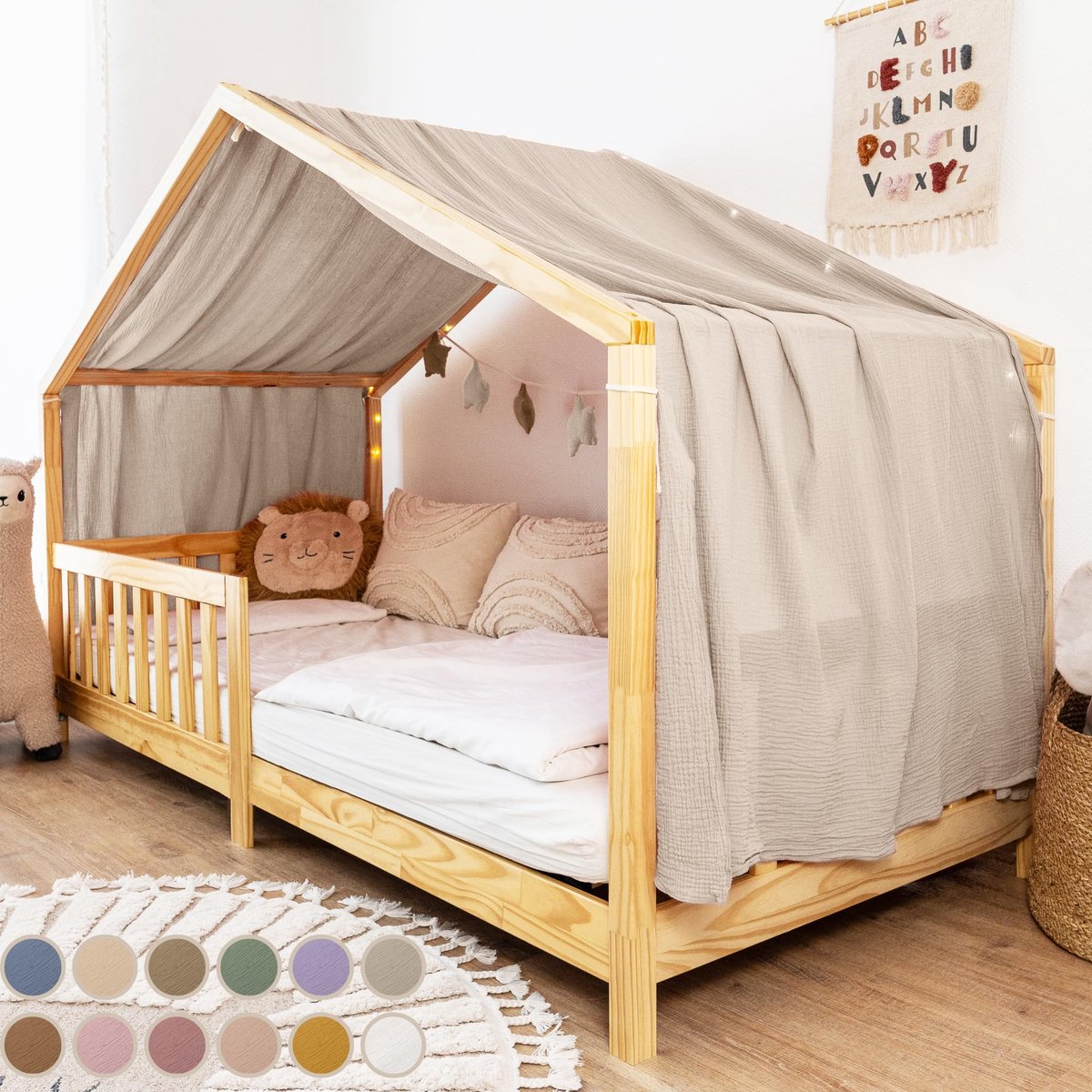 LILIMAUS Huisbed hemeltje uit één stuk - bedhemel voor huisbed - 135 x 360 cm - mousseline katoen - lichtbeige