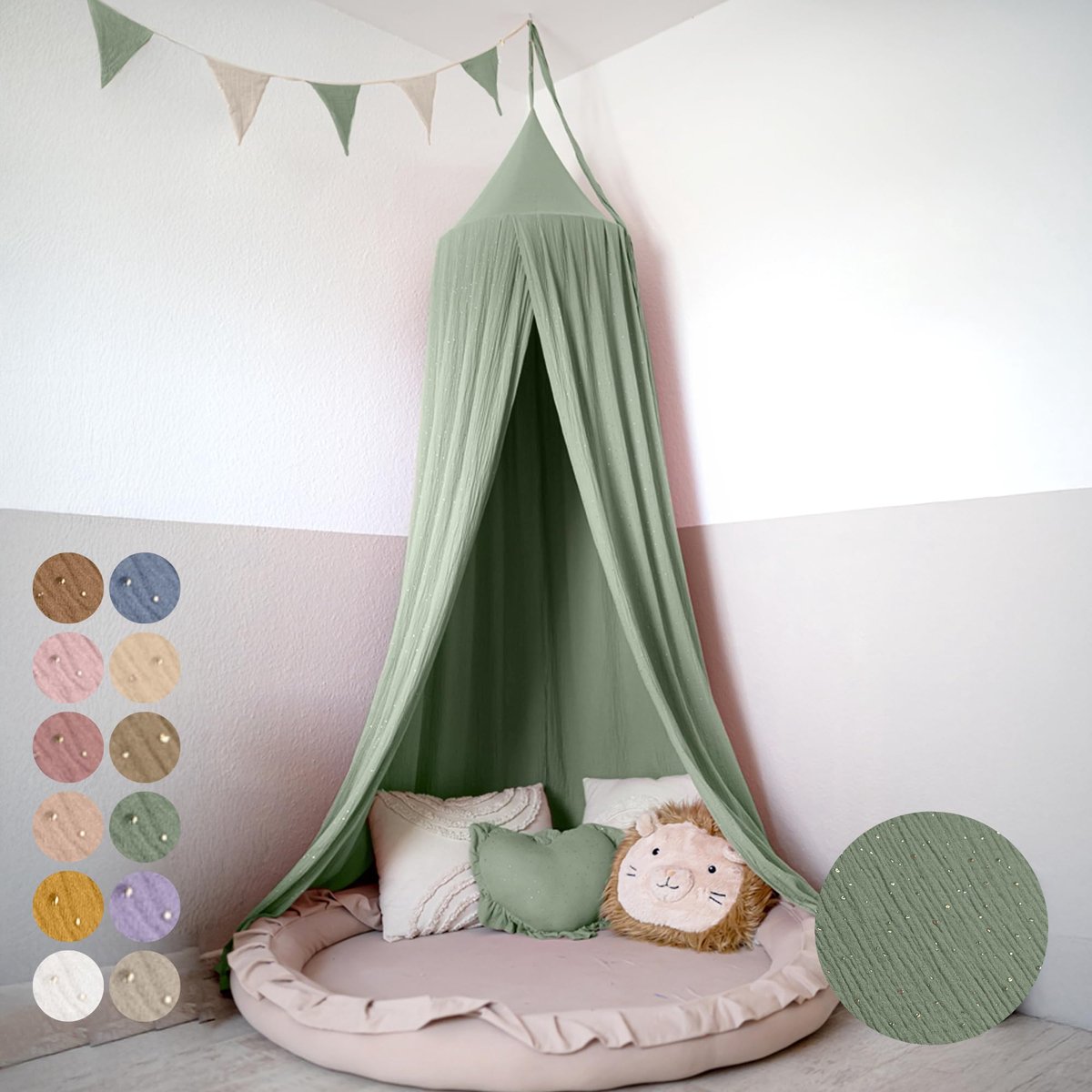 LILIMAUS Klamboe baby met gouden details - bedhemel en hemeltje kinderkamer - mousseline katoen - 245 cm - groen