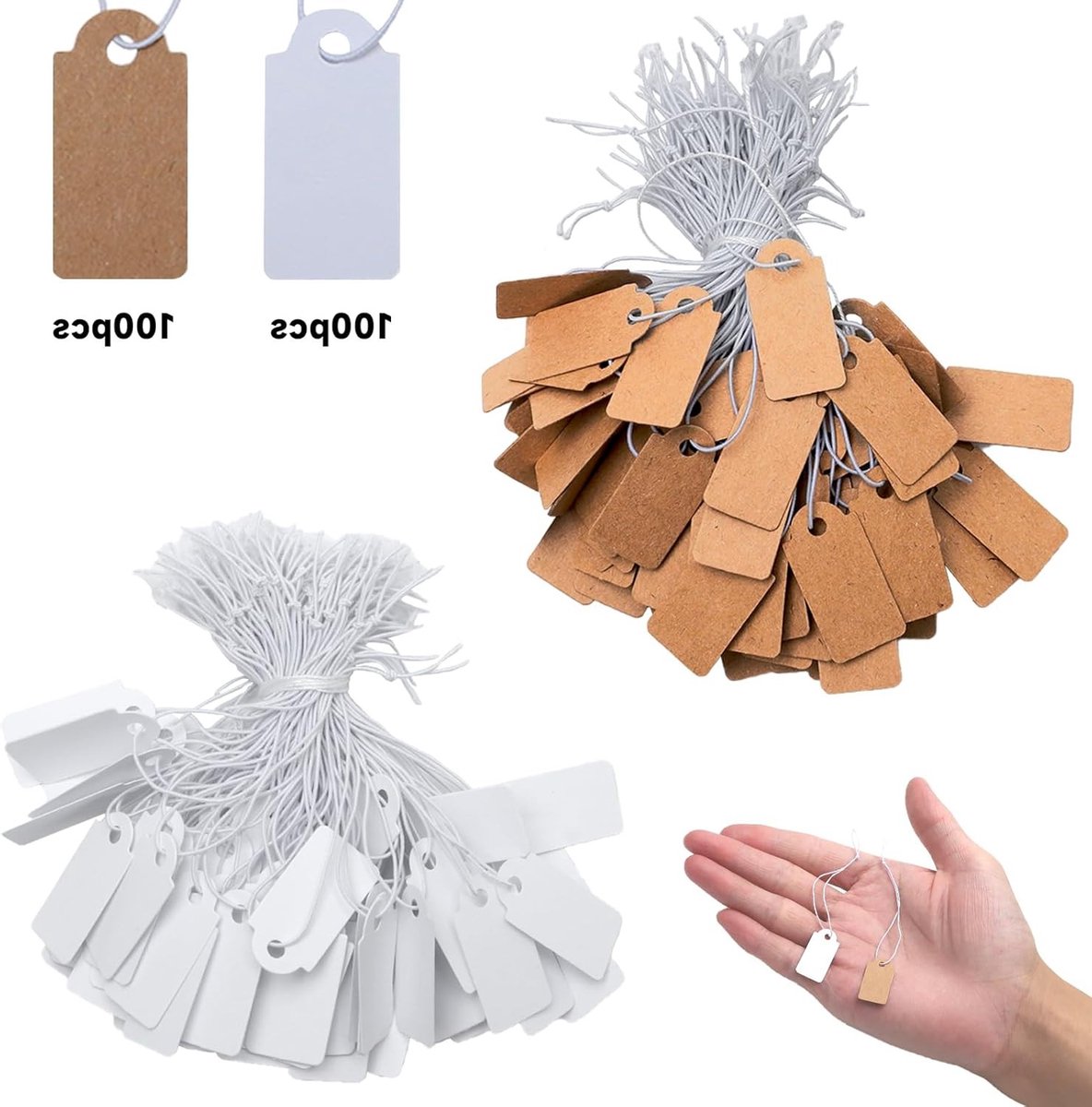 Mini Prijslabels 200 Stuks, Elastische Koord Hangers, 26x13mm Etiketten voor Sieraden, Kleding en Vlooienmarkten, Wit en Bruin