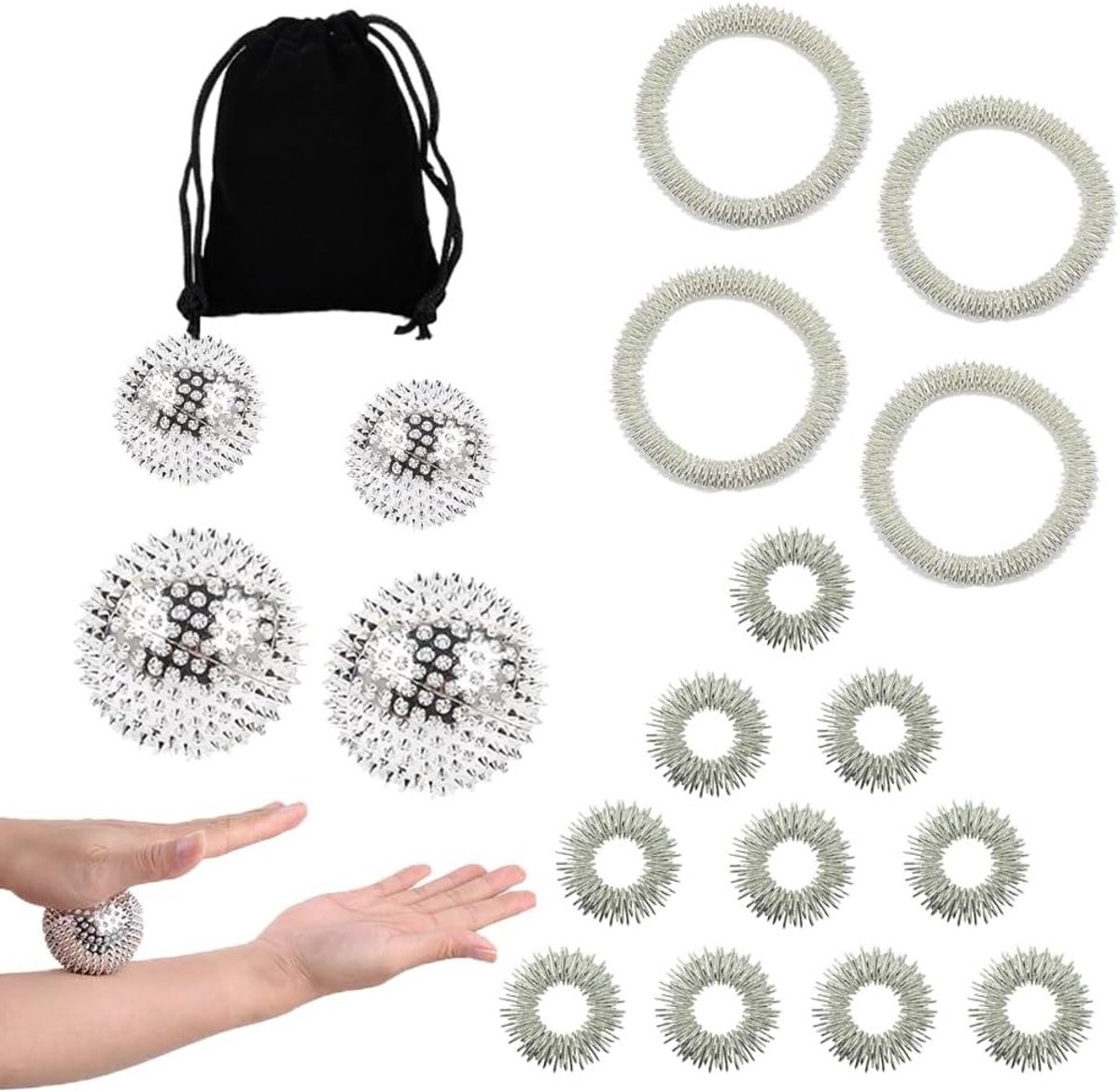Massage Ball Set met 4 Spiny Massage Ballen, 10 Massage Ringen en 4 Armbanden voor Stressverlichting en Ontspanning