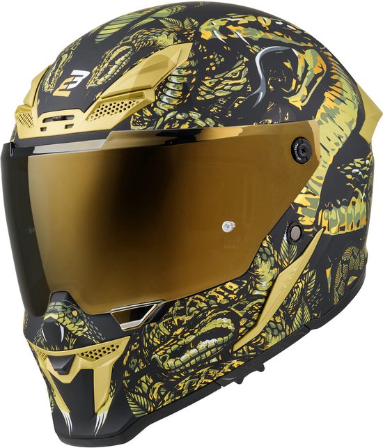Zwarte motorhelm met goudkleurige slangendecoratie en goudkleurig vizier.