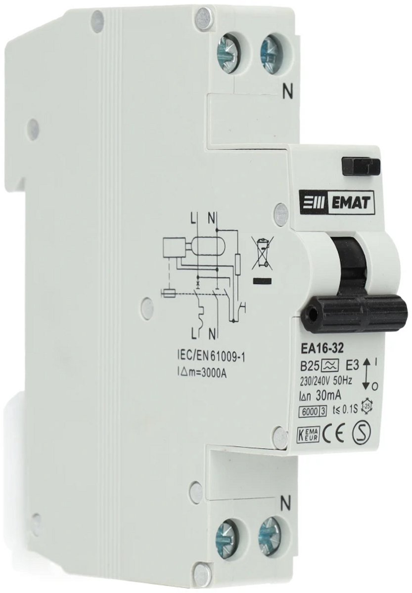 EMAT aardlekautomaat B25 1P+N 30mA Type A (85006008)