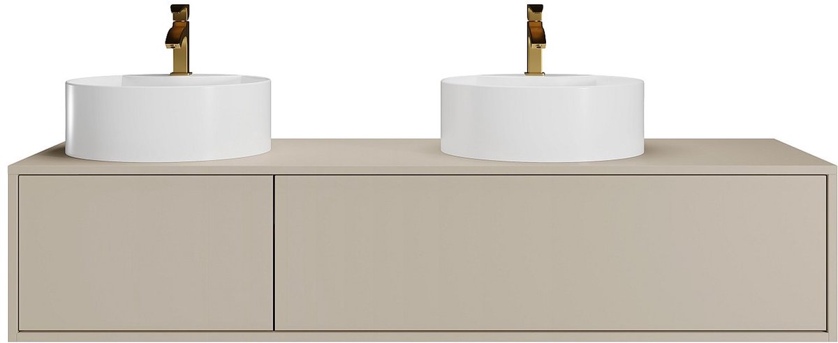 Vente-unique Zwevend badkamermeubel in beige met dubbele ronde wastafel - L150 cm - ISAURE II