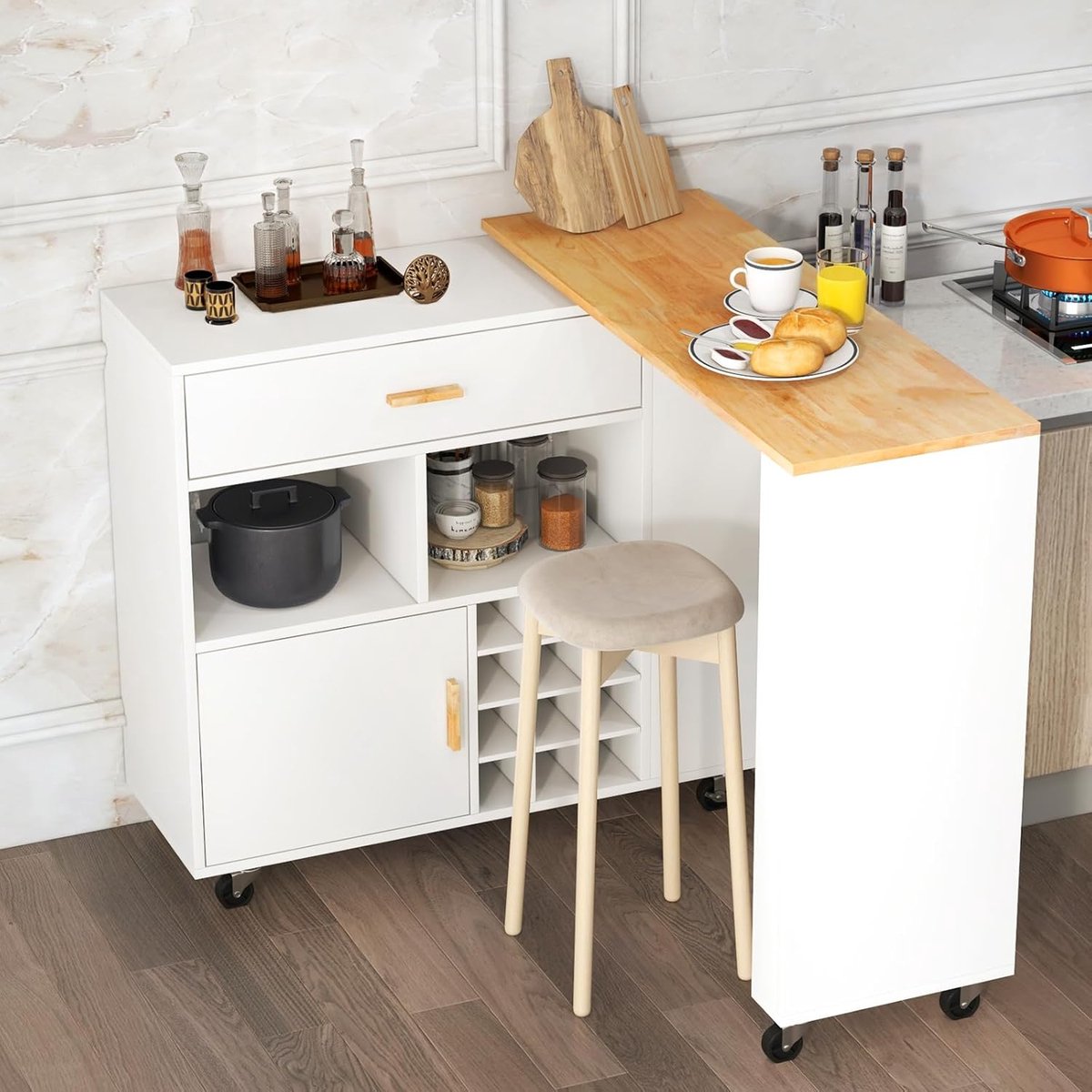 Keukeneiland op Wielen – ABTKantoor Luxe Keukentrolley met Draaibaar Werkblad, Wijnrek (12 Flessen), Lade en Kruidenrek – Uitschuifbaar & L-Vorm – Wit – 100x40x120 cm