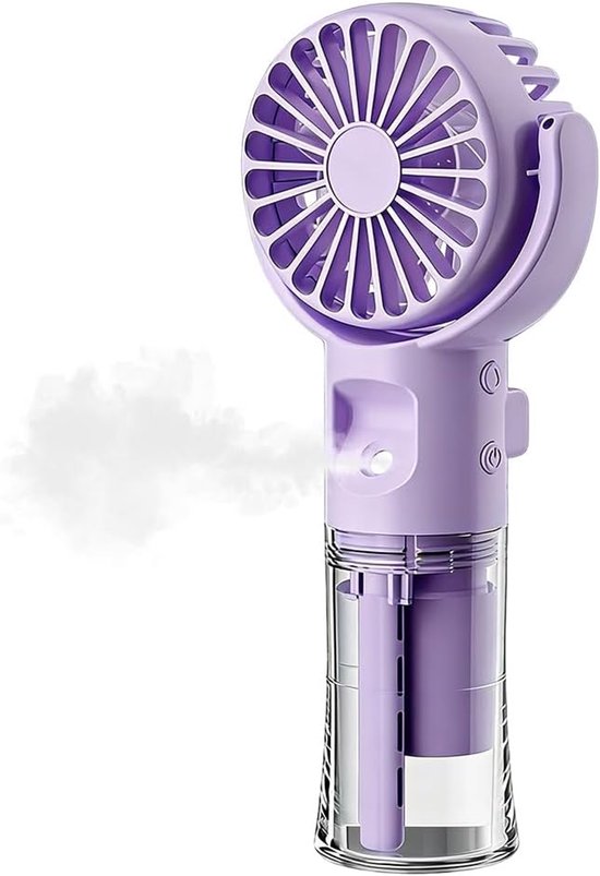 Handventilator met water 4 snelheden USB-C oplaadbaar 180° verstelbaar 20ml tank paars draagbaar camping kantoor