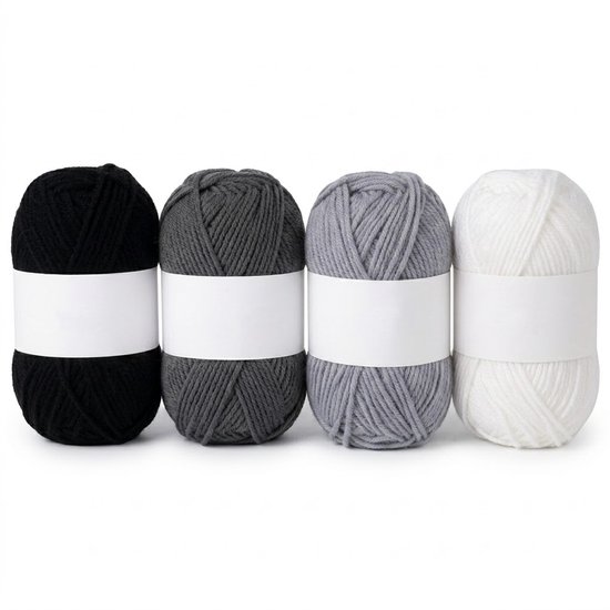 Ensemble de 4 pelotes de laine et de fil à tricoter noir, gris, blanc pour femmes et hommes, convient pour le crochet et le tricot, débutants et avancés, fil acrylique doux pour bonnets, écharpes, coussins et décoration