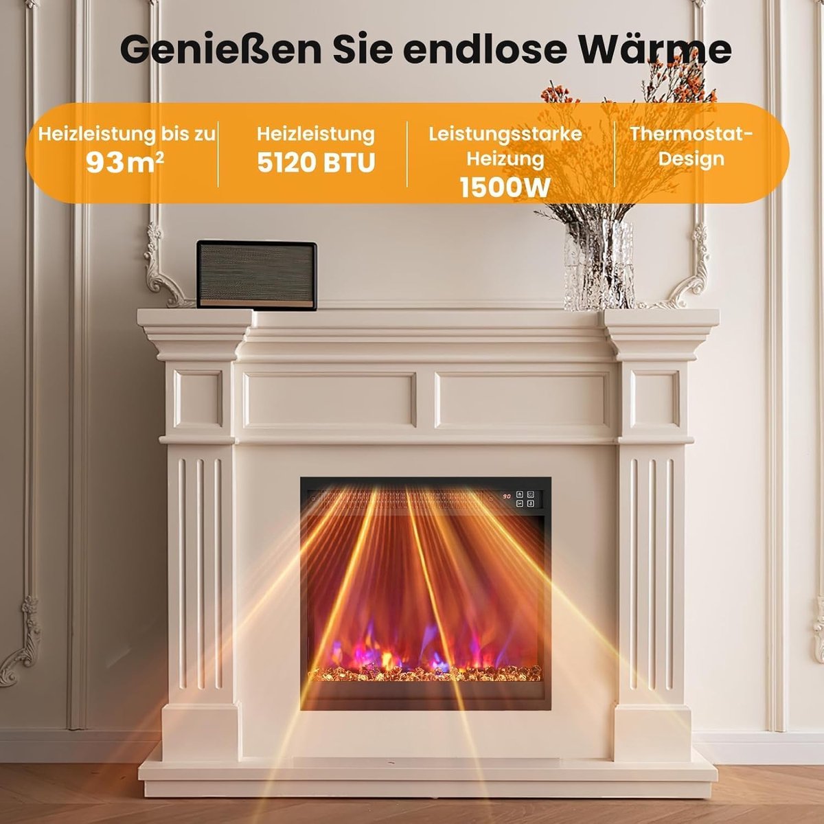 Elektrische open haard met verwarming 1500W – Wandhaard 18 inch met 3D LED vlammen, 8 kleuren, afstandsbediening & timer – Moderne elektrische kachel zwart met kristal effect | abtkantoor Aurora Flame