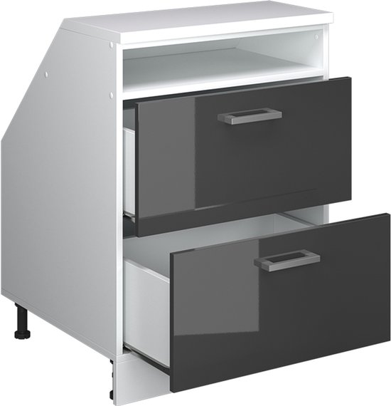 Witte kast met antracietkleurige hoogglans laden, schuin dak design