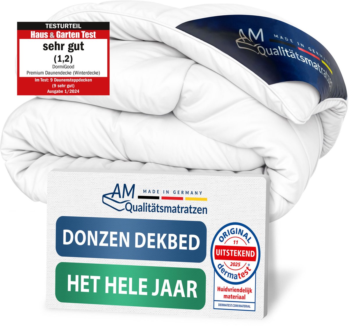 AM Qualitätsmatratzen - 100% dons - Hoogwaardig donsdekbed 140x220 cm voor in de lente/herfst - Overgangsdekbed 140 x 220 - Warm donsdekbed voor in de lente en herfst - Inlegwerk van katoen