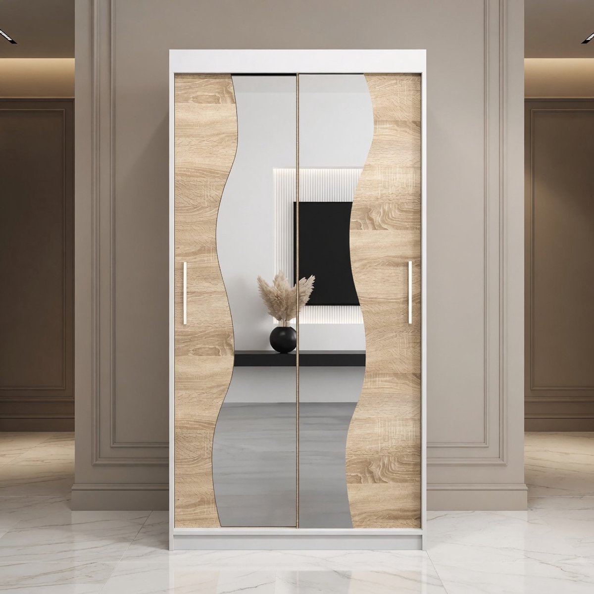 Madryt Luxe Schuifdeur Kledingkast 100 cm met Spiegel – Moderne Garderobekast met Kledingstang & Legplank – Slaapkamer Kast 200 cm Hoog – Wit & Sonoma Eiken – Ruimtebesparende Zweefdeurkast Mobili Bella