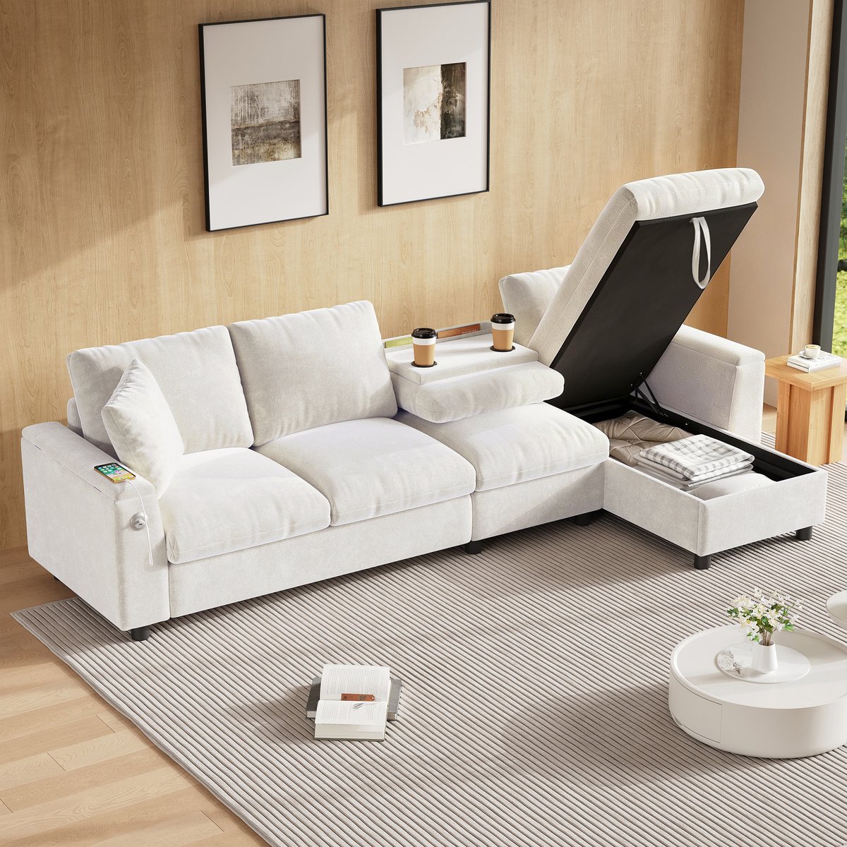 FloraGrace Hoekbank 280 x 137 cm - Slaapfunctie, Opbergruimte & Uitklapbare Tafel met Usb - Chenille - Beige